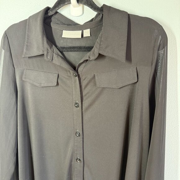 Susan Graver Premier Womens Small Sheer Sleeves Knit Button Front Top Black Flow - Picture 3 of 12